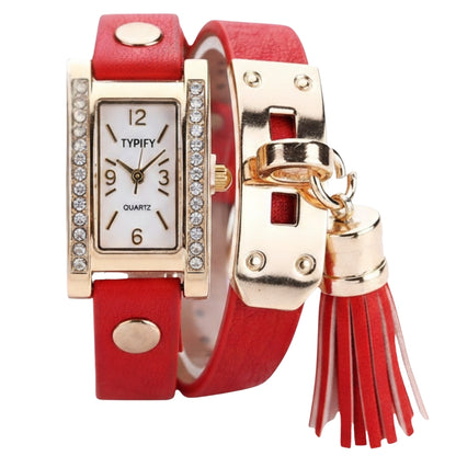 TYPIFY Red Bracelet Watch for Women | Premium Imported Analog Quartz Wristwatch with Gold Dial & Tassel Charm | Stylish Leather Strap Fashion Watch | Perfect Gift for Her