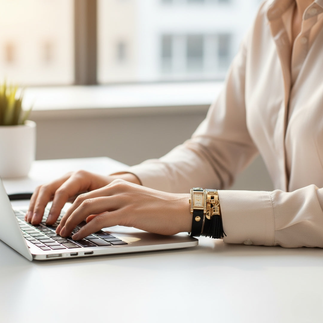 TYPIFY Black Bracelet Watch for Women | Premium Imported Analog Quartz Wristwatch with Gold Dial & Tassel Charm | Stylish Leather Strap Fashion Watch | Perfect Gift for Her